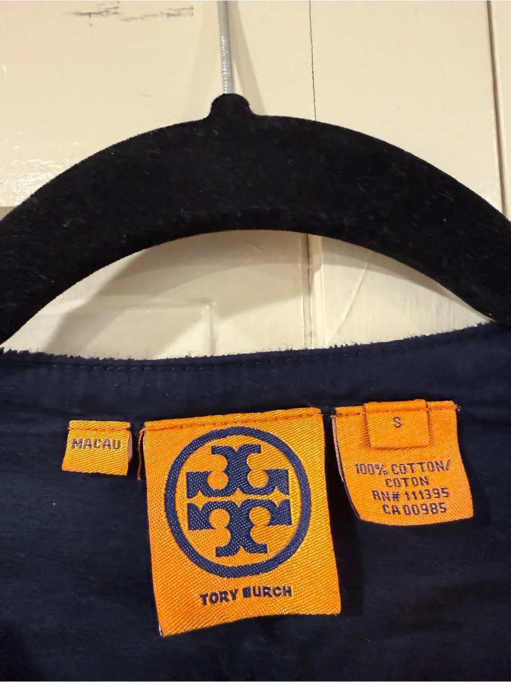 Tory Burch Navy V-Neck Sweater with Yellow Embroidered Trim